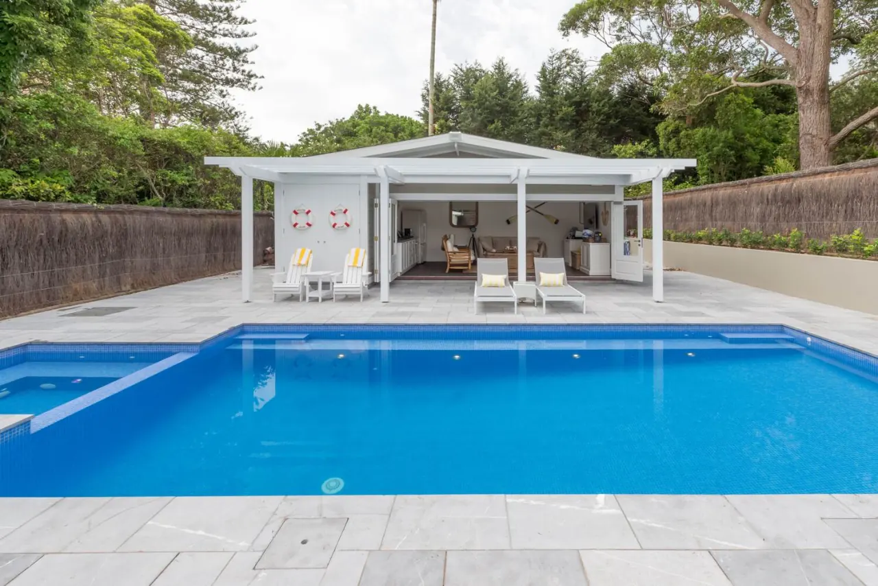 Vaucluse concrete pool, pavilion and lounge setting