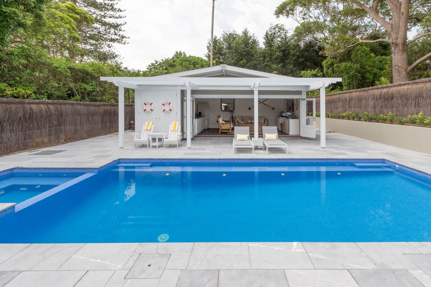 Vaucluse concrete pool, pavilion and lounge setting