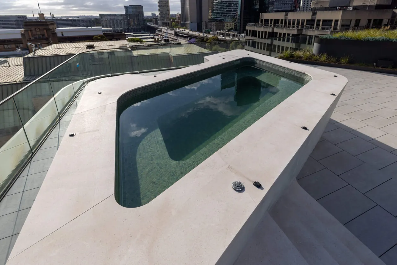 Sculptural free-form rooftop pool from above, Harrington Street, The Rocks
