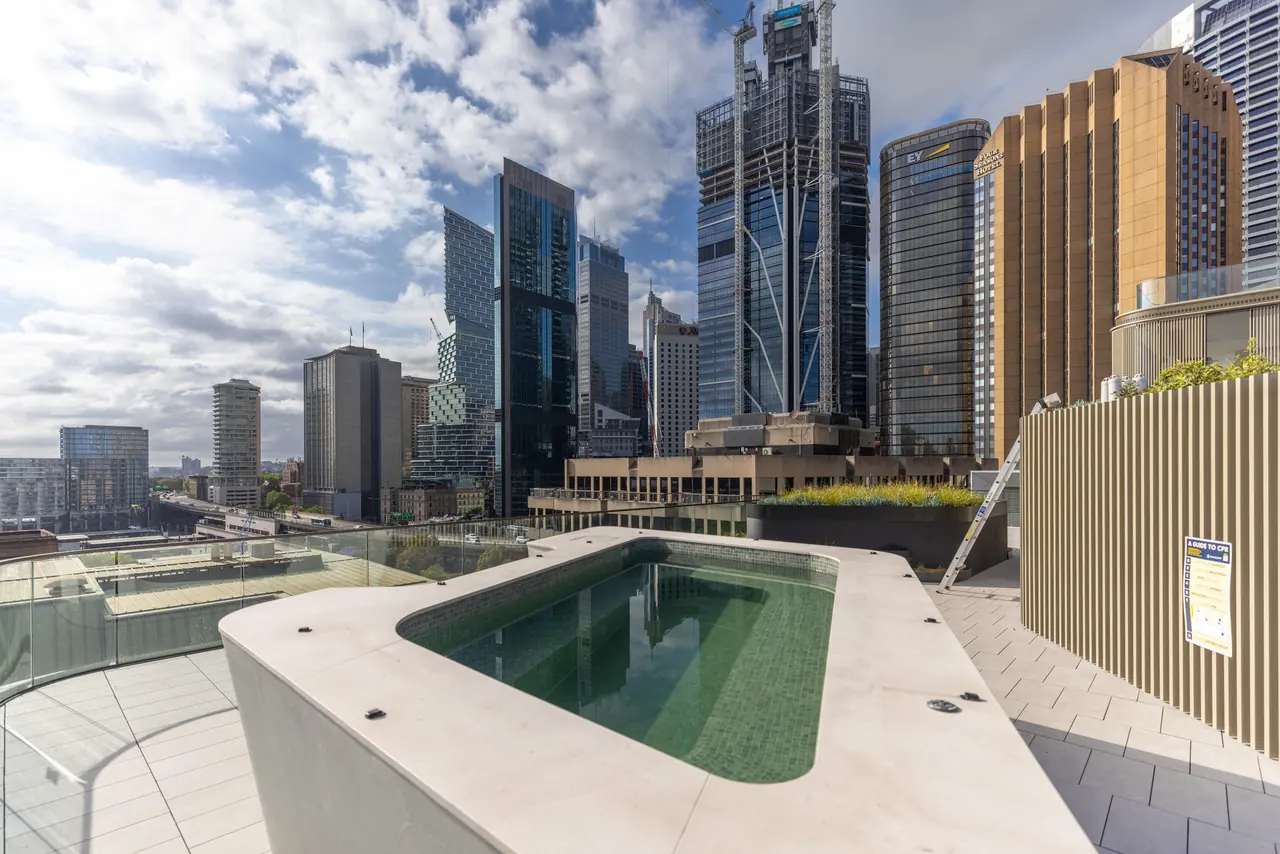 Raised rooftop pool with the city towers beyond, Harrington Street, The Rocks