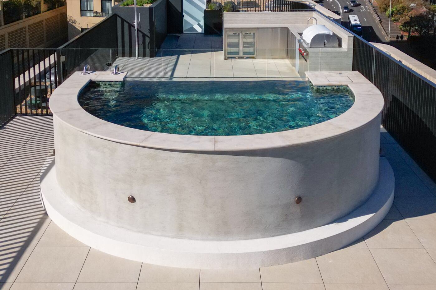 Aerial view of the rooftop terrace, pool and spa at Mona Road, Darling Point