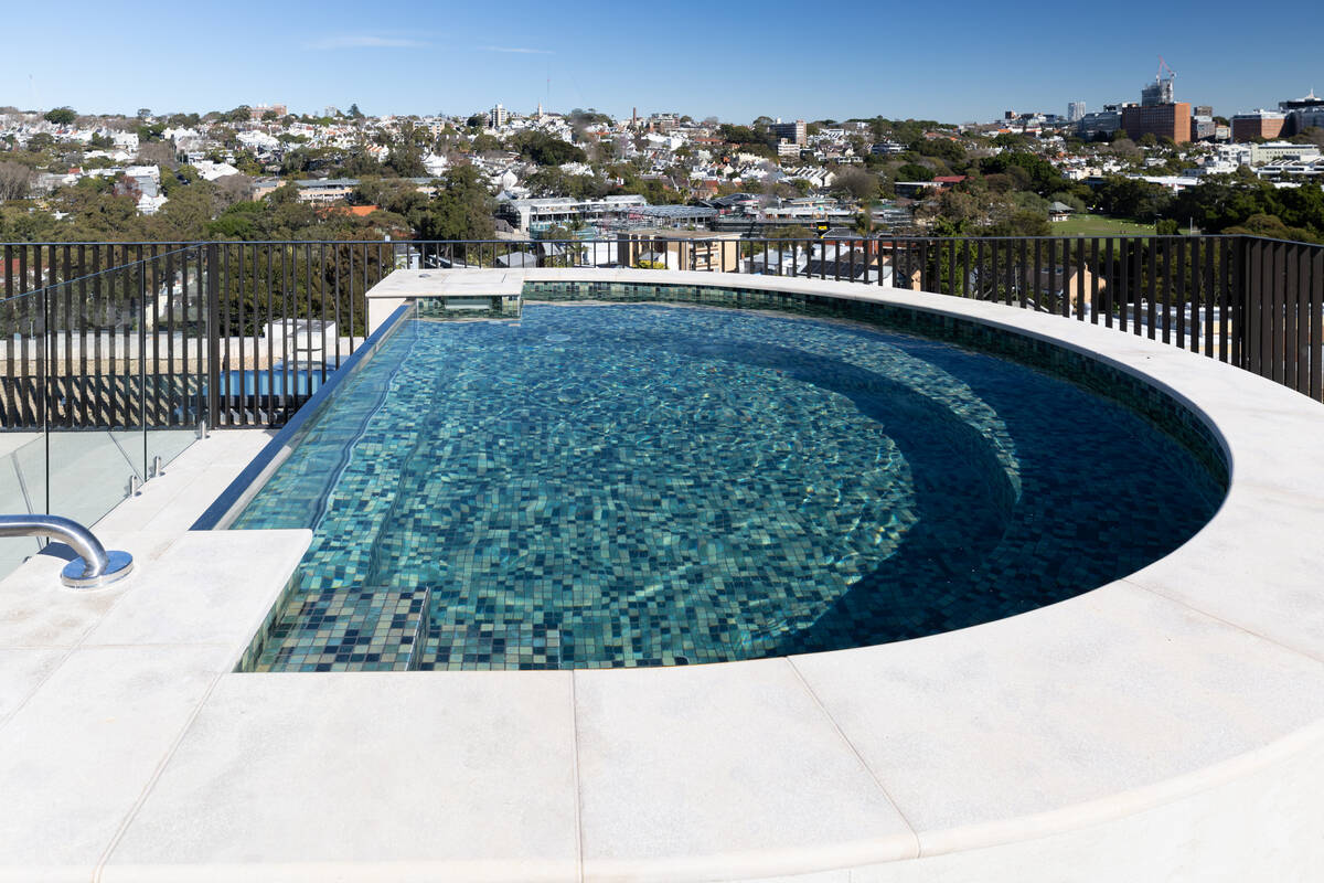 D-shaped rooftop infinity pool at Mona Road, Darling Point, by Wright Pools
