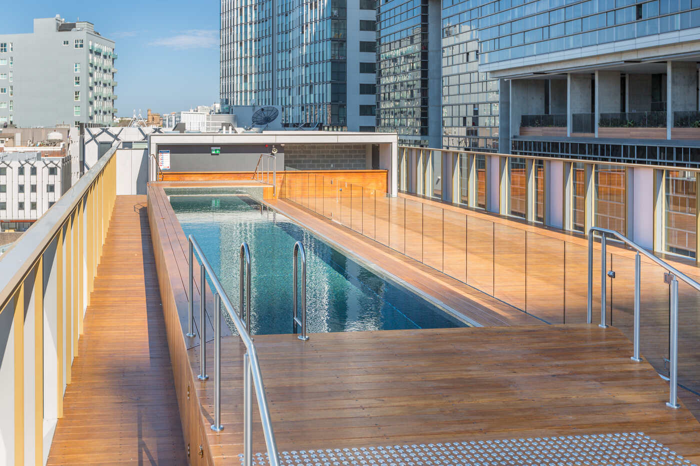 Rooftop pool with rail and timber deck, Old Clare Hotel