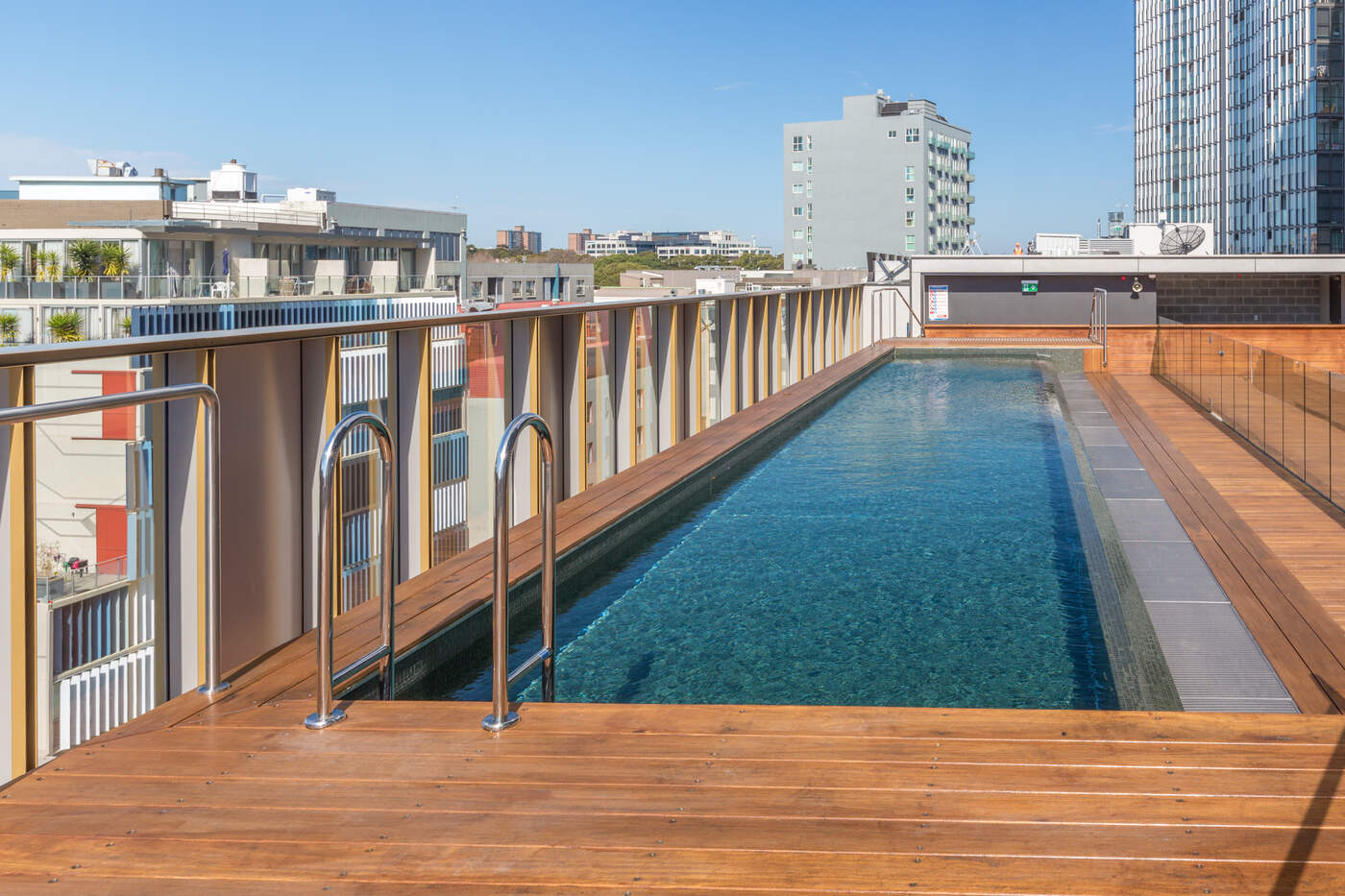 Rooftop pool and heritage facade, Old Clare Hotel