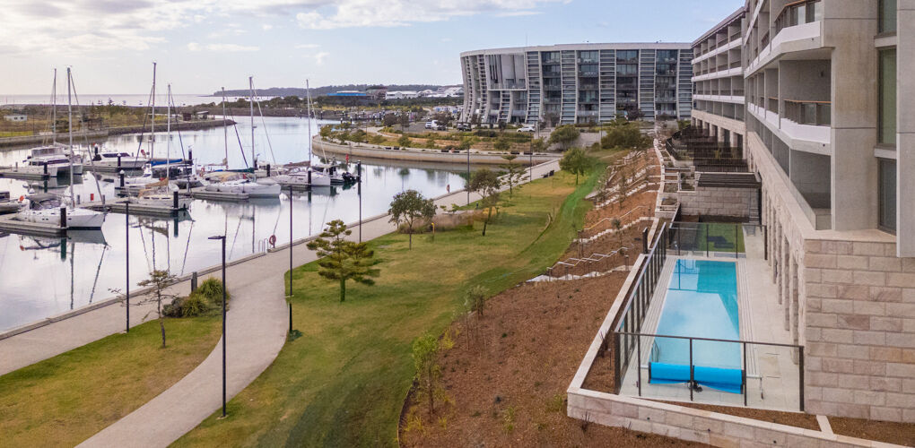 Communal lap pool beside the marina, Vela Apartments, Shell Cove