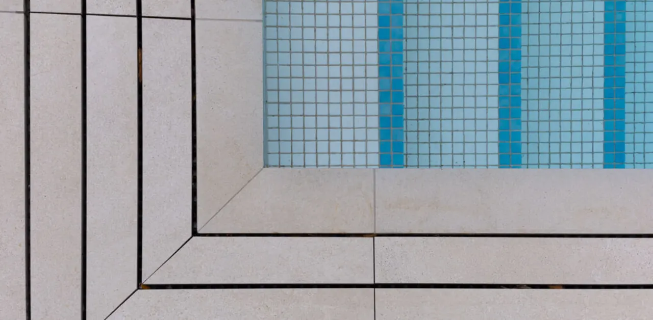 Blue mosaic tile detail, Vela Apartments