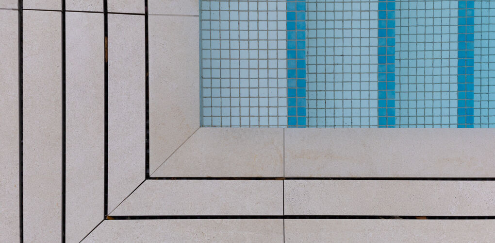 Blue mosaic tile detail, Vela Apartments