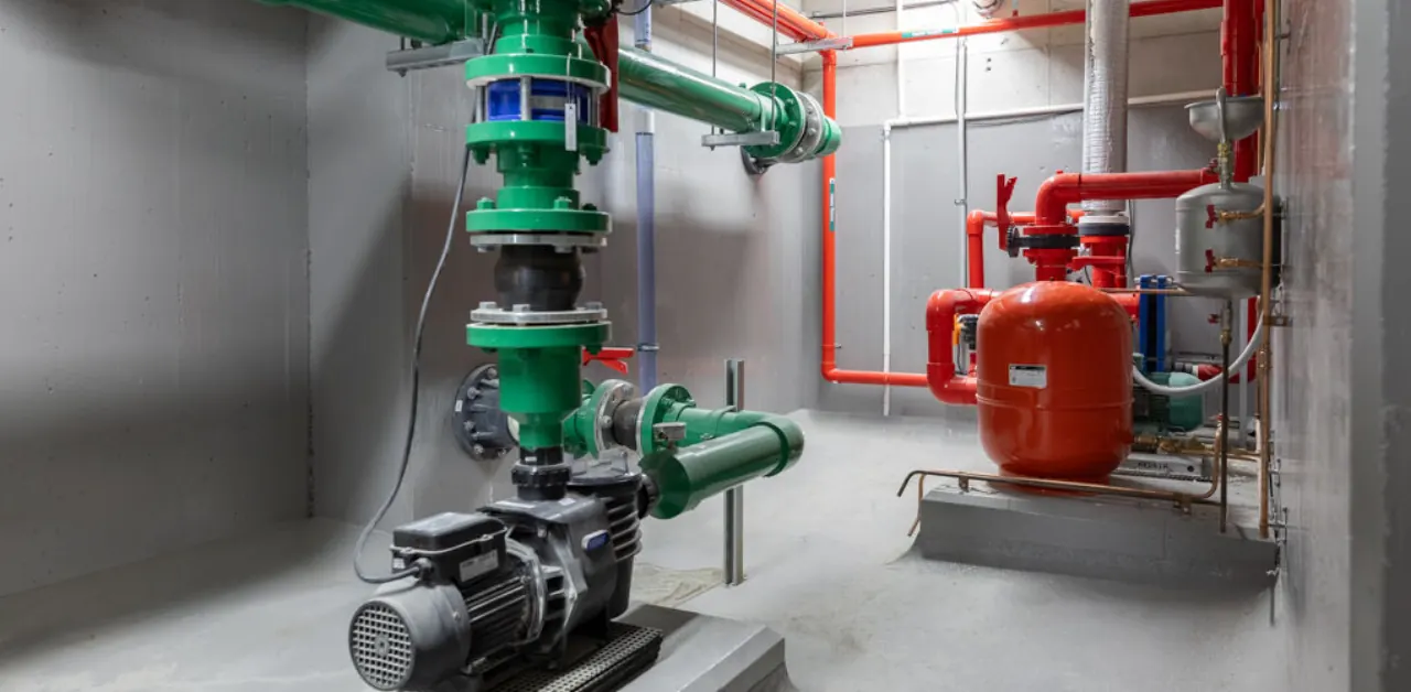 Commercial plant room pump and heating manifolds, Vela Apartments