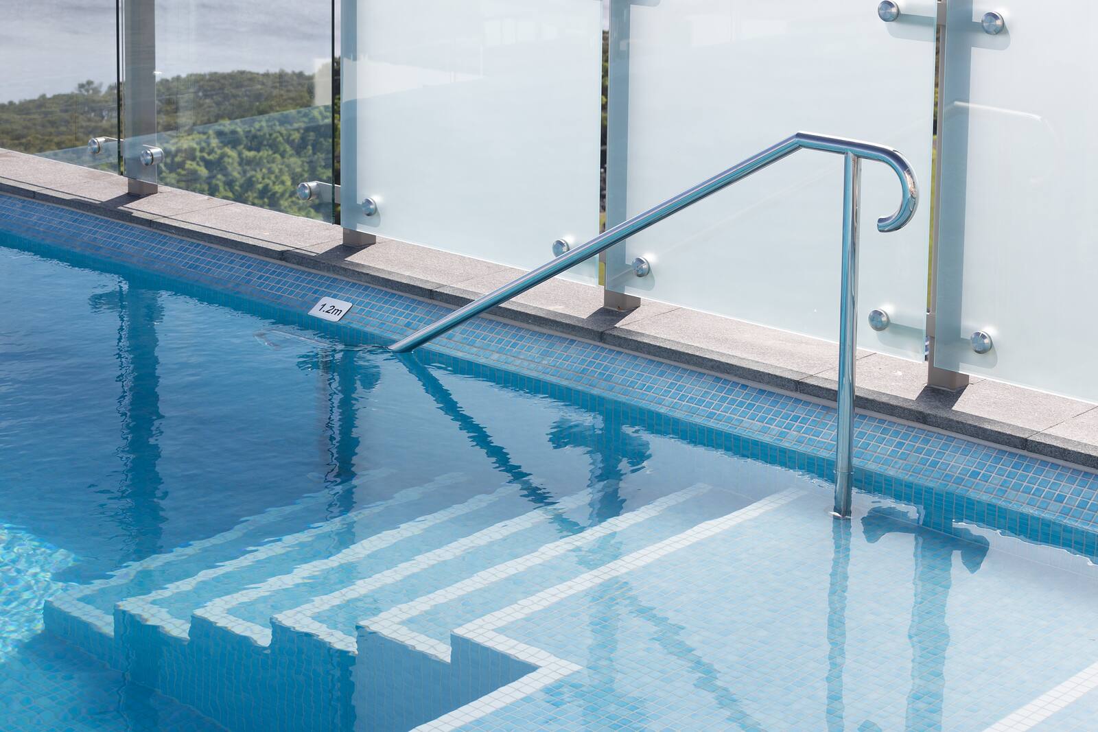 Blue mosaic steps and handrail, Woolooware Bay rooftop pool